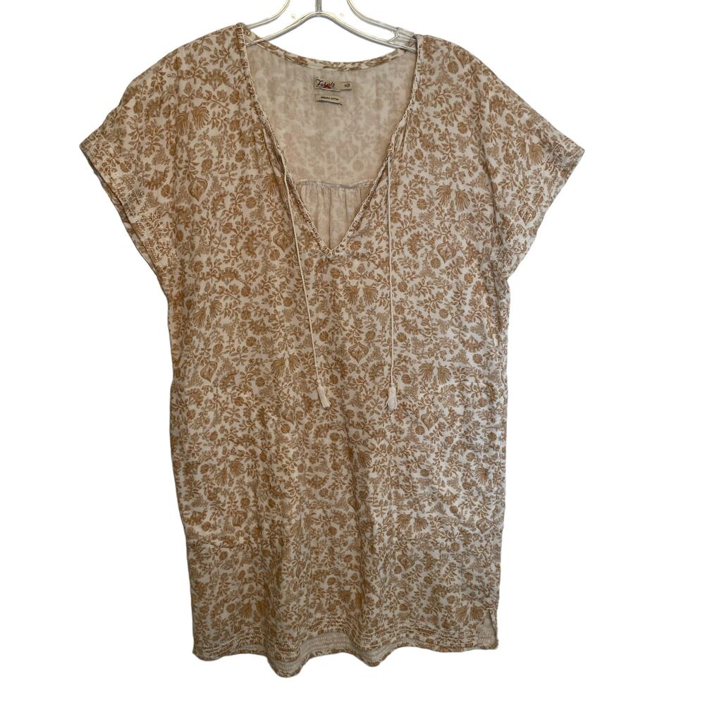 Faherty Boho Floral Dress Women's Medium Tan Tasseled Organic Cotton Cottagecore - Picture 2 of 11